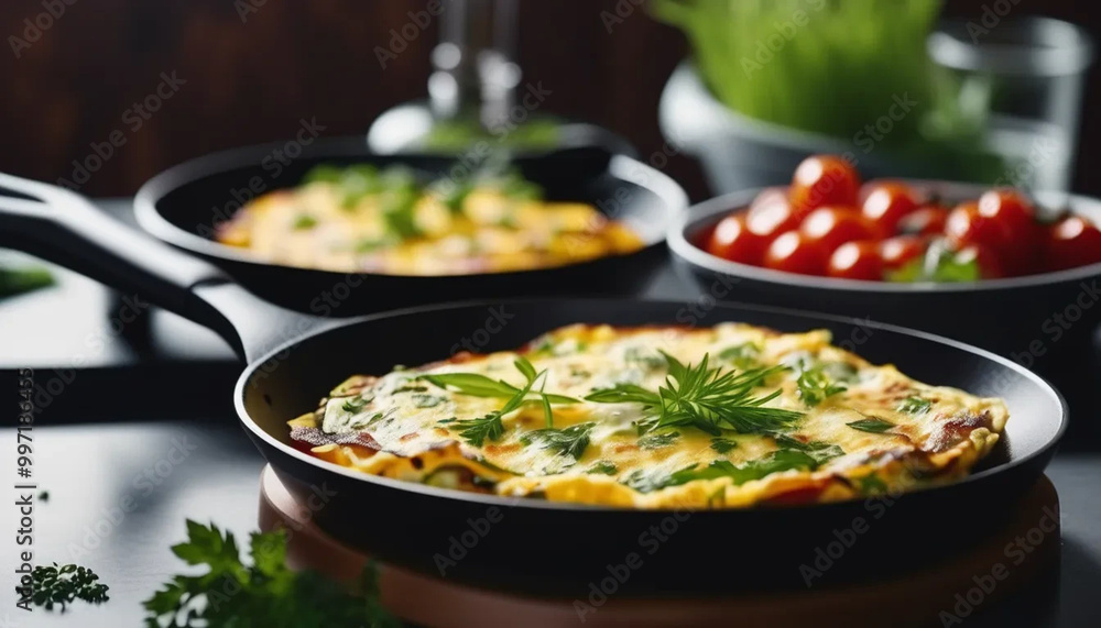 Omlette with herbs on frying pan, ai Omlette with herbs on frying pan, ai