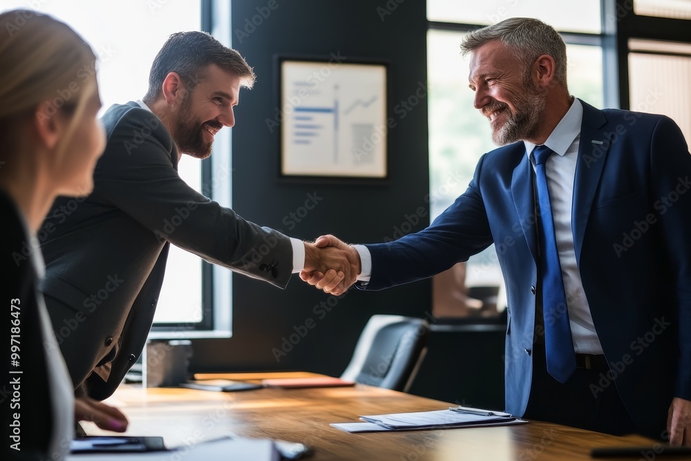 Mentor and mentee shaking hands after reaching a career goal together. Mentor and mentee shaking hands after reaching a career goal together.