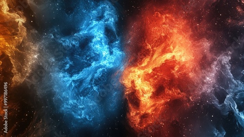 Beautiful abstract fire and ice elements merging in a cosmic backdrop, providing unique and inspiring visuals for designers and artists