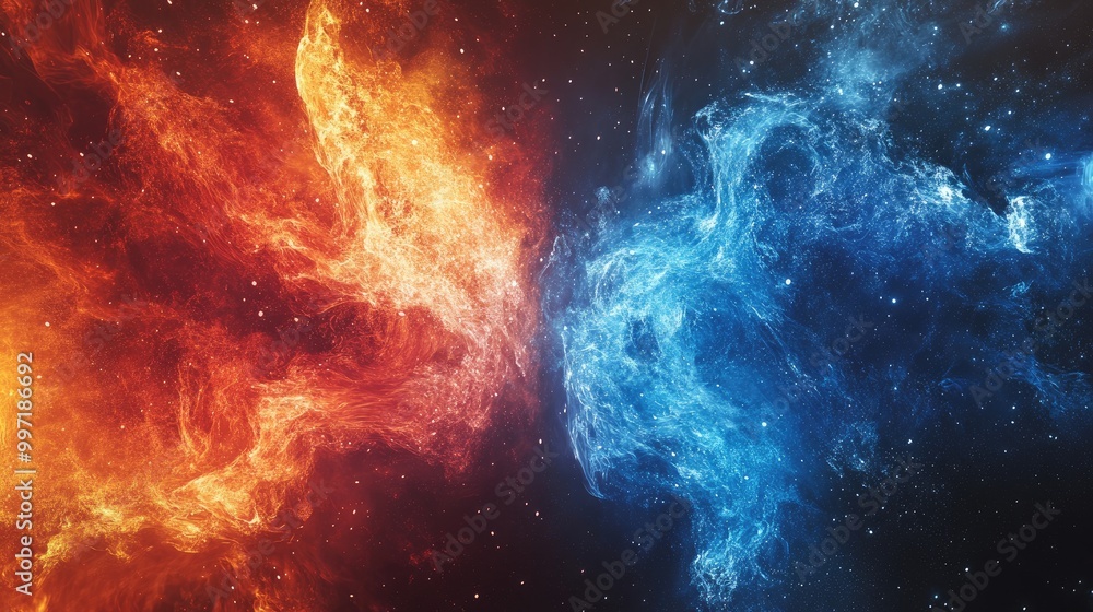 Beautiful cosmic fire and ice elements merging in a dynamic abstract scene, offering unique inspiration for designers and artists Beautiful cosmic fire and ice elements merging in a dynamic abstract scene, offering unique inspiration for designers and artists