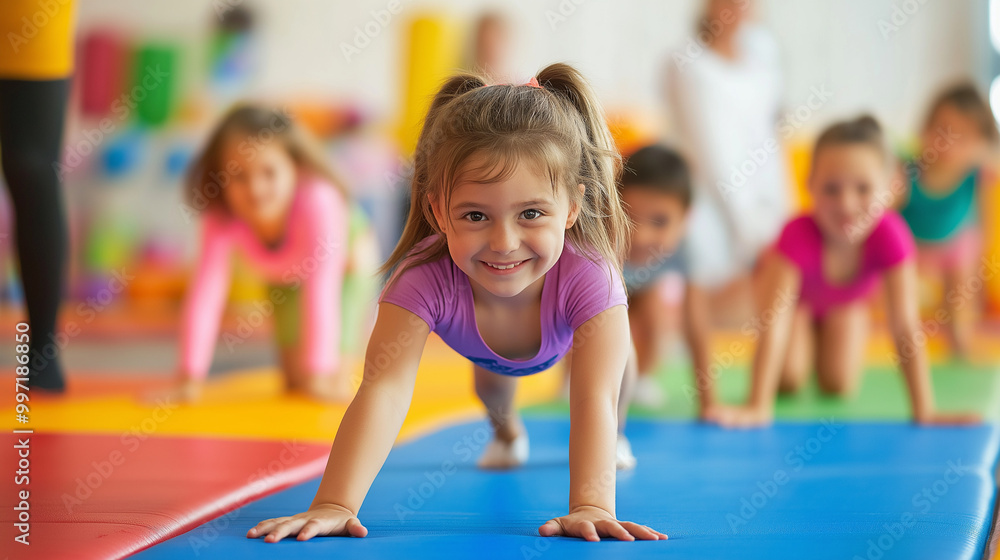 Energetic girl in colorful gymnastics class enthusiastically crawling on exercise mat with other children in the background, participating in fun physical activities and building motor skills.