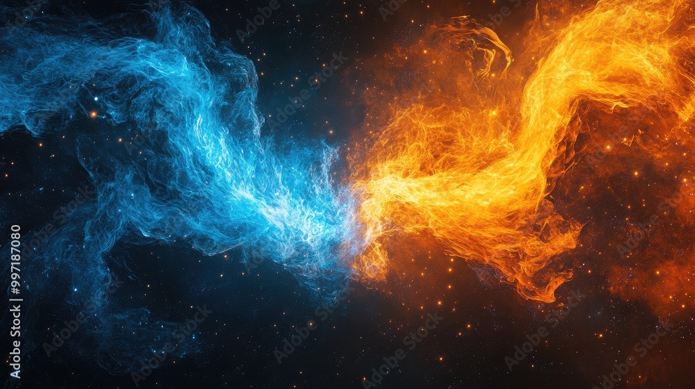 Dynamic abstract fire and ice elements colliding in cosmic space, creating a visually inspiring composition for design and artwork Dynamic abstract fire and ice elements colliding in cosmic space, creating a visually inspiring composition for design and artwork