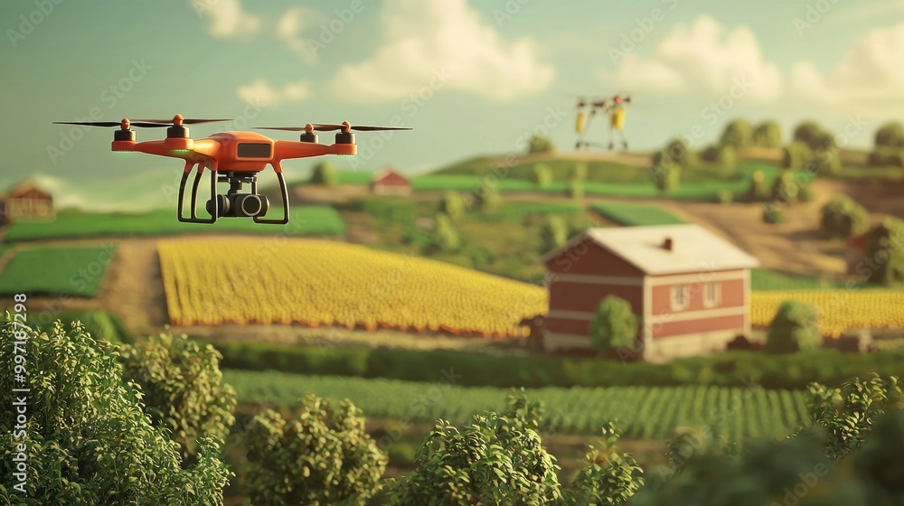 Fototapeta premium Futuristic Drone Delivering Supplies to Farm with Lush Crops | 3D Illustration of Agricultural Technology in Action