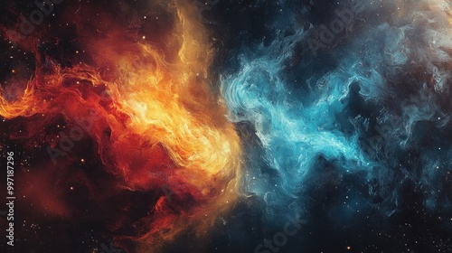 Stunning abstract fire and ice elements blending in cosmic space, providing a powerful and unique artwork for creative professionals