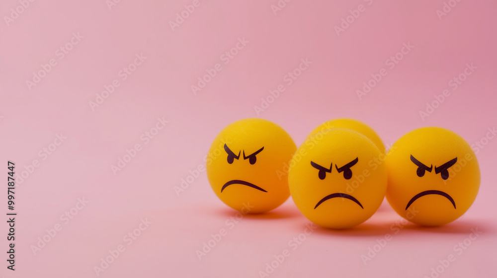 emotional, mood, anger concept: three yellow balls with angry faces arranged in a tense, compact formation against an isolated soft pink background emotional, mood, anger concept: three yellow balls with angry faces arranged in a tense, compact formation against an isolated soft pink background