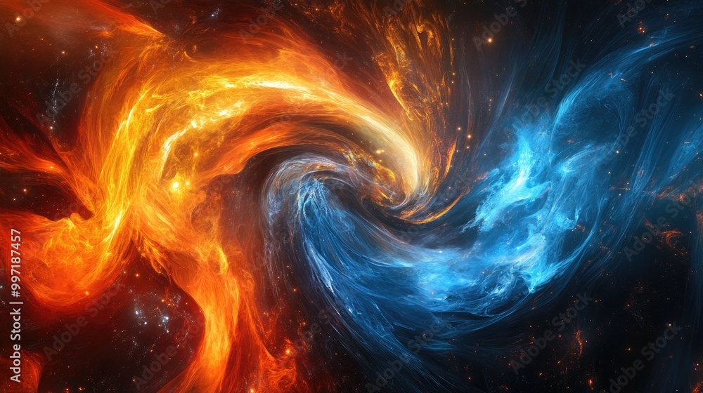 Stunning cosmic space with swirling fire and ice elements in a vibrant abstract display, perfect for unique design projects Stunning cosmic space with swirling fire and ice elements in a vibrant abstract display, perfect for unique design projects