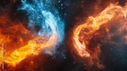 Stunning abstract fire and ice elements merging in a cosmic backdrop, offering a unique and dynamic visual for designers and artists