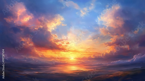 An oil painting depicting a lovely landscape with clouds and a setting sun