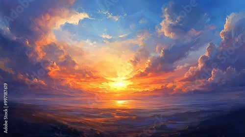 An oil painting depicting a lovely landscape with clouds and a setting sun