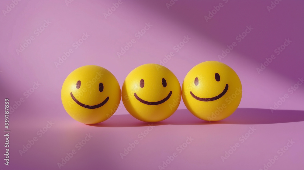emotional, mood, positive emotion concept: three yellow balls with smiley faces arranged in a triangle pattern against an isolated soft purple background emotional, mood, positive emotion concept: three yellow balls with smiley faces arranged in a triangle pattern against an isolated soft purple background