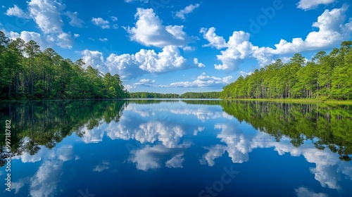Fototapeta Naklejka Na Ścianę i Meble -  The tranquil waters of Lake Martin beautifully reflect the bright blue sky and fluffy clouds, surrounded by lush greenery and tall trees