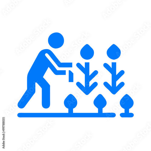 A man is tending to a garden with a watering can. The garden is full of plants and trees, and the man is focused on his task. Concept of hard work and dedication to maintaining a beautiful