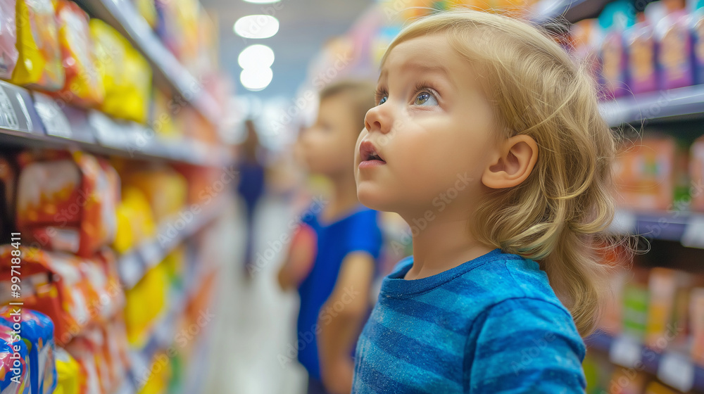 Curious child in a grocery store aisle, gazing up at shelves filled with colorful products, exploring the world of shopping with fascination and wonder. Curious child in a grocery store aisle, gazing up at shelves filled with colorful products, exploring the world of shopping with fascination and wonder.