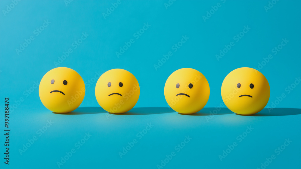 emotional, mood, sadness concept: three yellow balls with sad faces arranged in a slightly slumped pattern against an isolated baby blue background emotional, mood, sadness concept: three yellow balls with sad faces arranged in a slightly slumped pattern against an isolated baby blue background