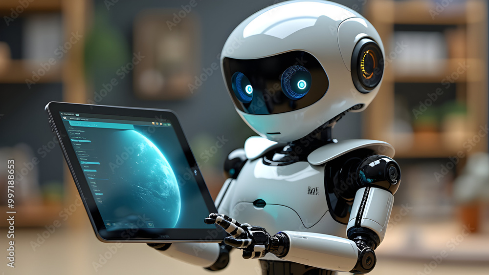 Advanced Robot Holding a Tablet with a Digital Earth Display, Highlighting Futuristic Technology Advanced Robot Holding a Tablet with a Digital Earth Display, Highlighting Futuristic Technology