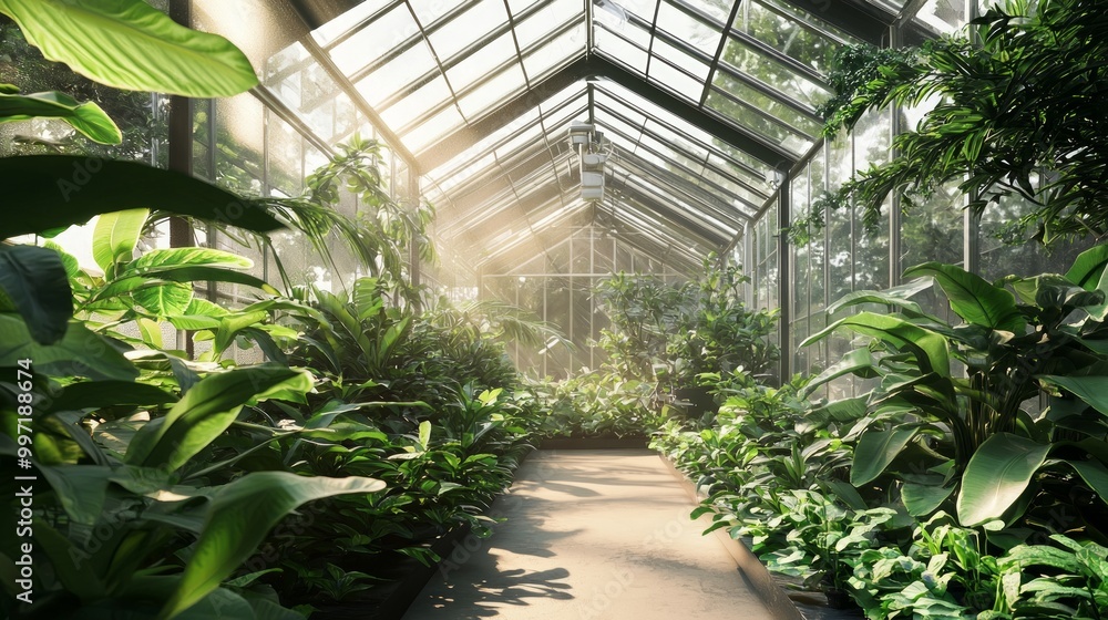 Futuristic High-Tech Greenhouse with Robotic Climate Control System and Flourishing Plants Futuristic High-Tech Greenhouse with Robotic Climate Control System and Flourishing Plants