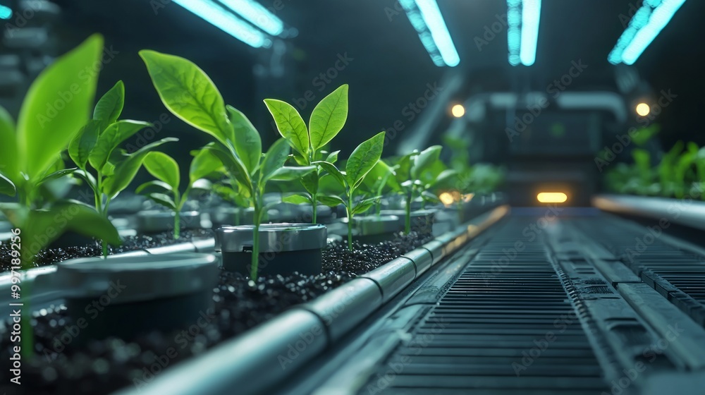 Futuristic Robotic Seedling Nursery with Automated Plant Care Systems. Futuristic Robotic Seedling Nursery with Automated Plant Care Systems.