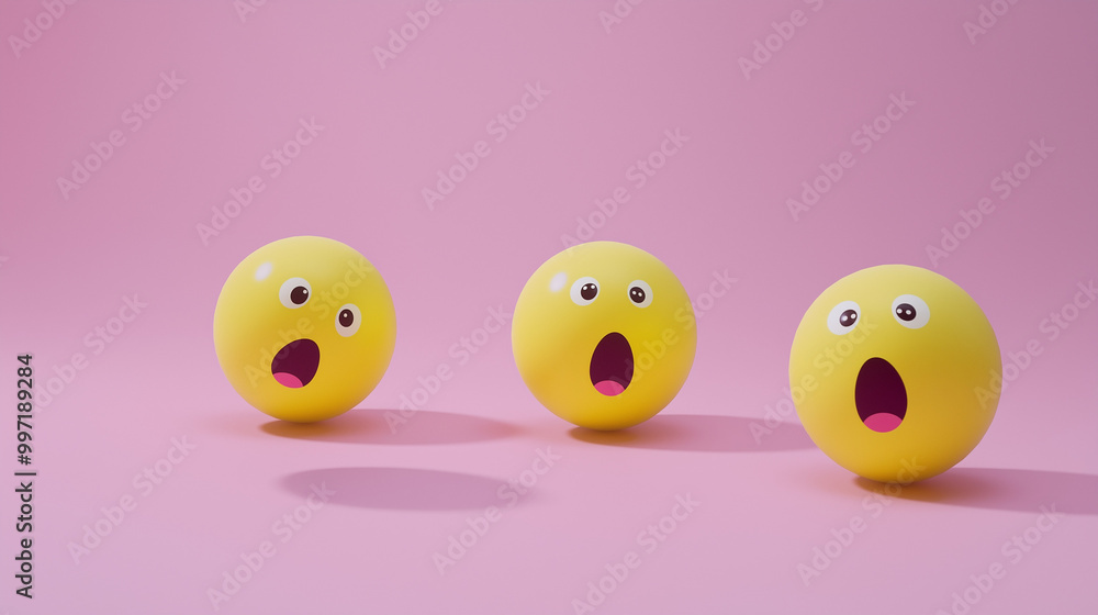 emotional, mood, surprise concept: three yellow balls with surprised faces arranged in a scattered, dynamic pattern against an isolated soft pink background emotional, mood, surprise concept: three yellow balls with surprised faces arranged in a scattered, dynamic pattern against an isolated soft pink background