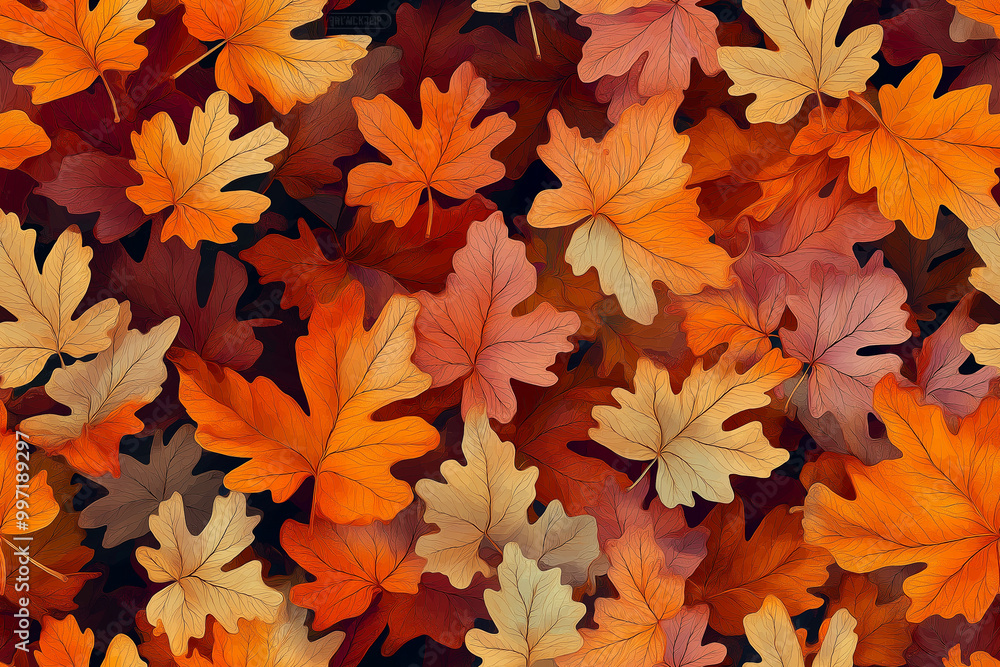 The background is a seamless pattern of yellowing autumn leaves. The background is a seamless pattern of yellowing autumn leaves.