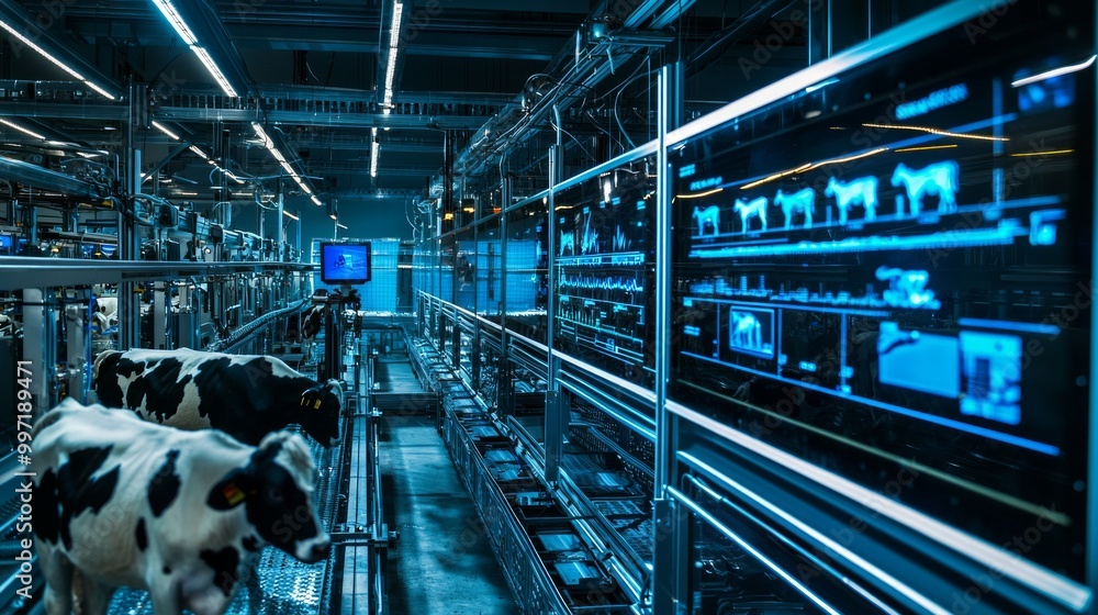 Naklejka premium Advanced Robotic Livestock Health Monitoring System with Data Analytics Screen Display