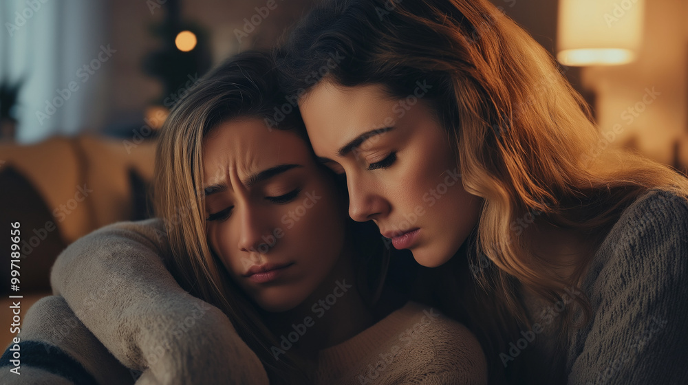 empathy and understanding: a woman supporting a friend, a serene image depicting a woman sitting beside a sad friend in a cozy living room, creating an atmosphere of compassion empathy and understanding: a woman supporting a friend, a serene image depicting a woman sitting beside a sad friend in a cozy living room, creating an atmosphere of compassion