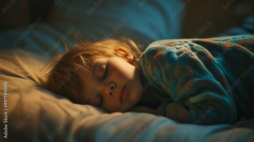 Young girl resting quietly in bed under a evening glow, eyes gently closed as she drifts into sleep, surrounded by the serene ambiance of her bedroom. Young girl resting quietly in bed under a evening glow, eyes gently closed as she drifts into sleep, surrounded by the serene ambiance of her bedroom.