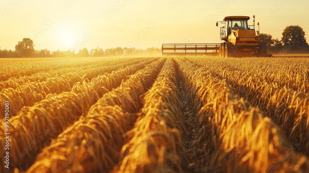 Futuristic Robotic Harvesting Machine Gathering Grains in Golden Crop Field Futuristic Robotic Harvesting Machine Gathering Grains in Golden Crop Field
