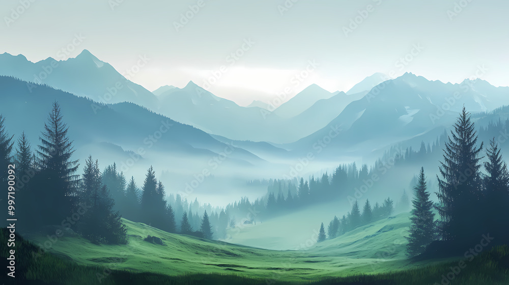 Fototapeta premium Misty mornings: fog over green valley. Alpine Meadow. Illustration