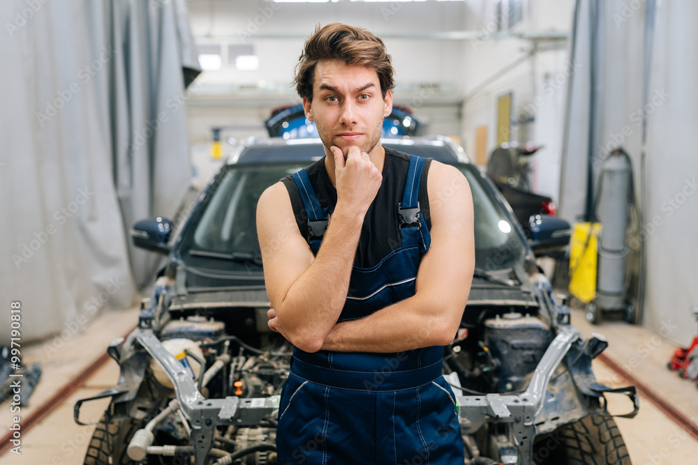 Portrait of thoughtful mechanic male in overalls looking at camera not knowing what disrepair during maintenance car in auto repair workshop. Doubtful repairman trying to solve problem in garage. Portrait of thoughtful mechanic male in overalls looking at camera not knowing what disrepair during maintenance car in auto repair workshop. Doubtful repairman trying to solve problem in garage.