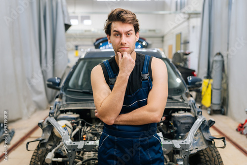 Canvas Print Portrait of thoughtful mechanic male in overalls looking at camera not knowing what disrepair during maintenance car in auto repair workshop