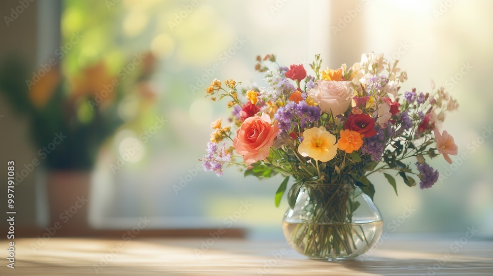 A beautiful arrangement of colorful flowers in a glass vase brightens the light wood table, enhancing the warm atmosphere of the room. Generative AI A beautiful arrangement of colorful flowers in a glass vase brightens the light wood table, enhancing the warm atmosphere of the room. Generative AI