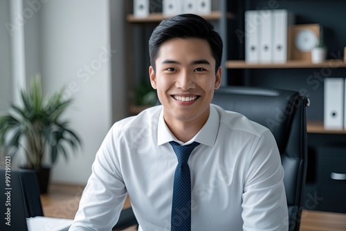 Smiling Young Businessman Exuding Confidence in Office Portrait