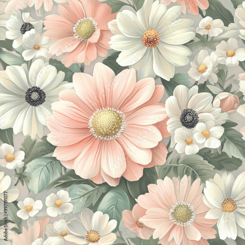 A detailed floral arrangement of small daisies and anemones in pastel pink and white, surrounded by intricate light green leaves, creating a gentle and refined pattern.