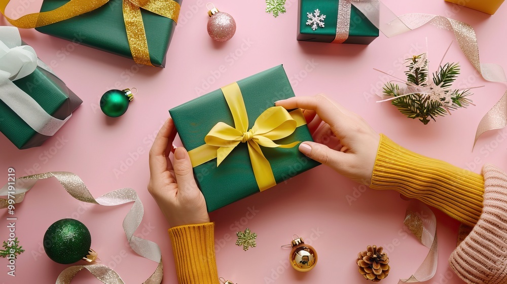 Obraz premium Hands Holding a Christmas Gift Box with Yellow Ribbon on a Festive Pink Background with Decorations
