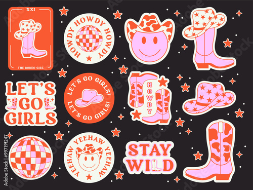 Set of Cowgirl Pink Stickers. Vector Design Elements. Collection of Cowgirl Boots, Hat and Disco Ball. Wild West, Western Themed, Y2K. photo