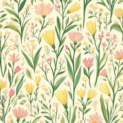 A detailed floral pattern with small garden flowers like daisies and tulips in soft pastel yellow and pink, with subtle green foliage, giving a serene spring feel.