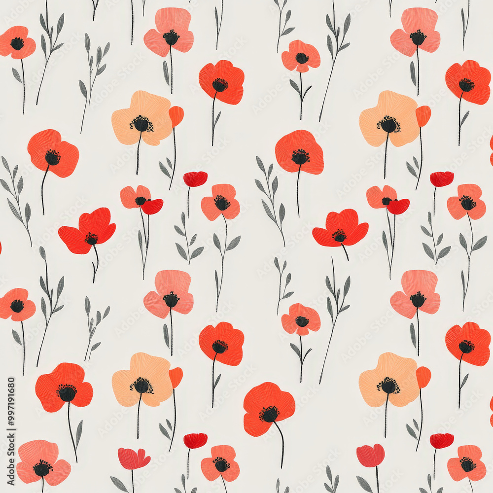 A flat design pattern of small poppies in red and orange hues, arranged in a repeating pattern on a soft light grey background, creating a fresh and vibrant floral aesthetic. A flat design pattern of small poppies in red and orange hues, arranged in a repeating pattern on a soft light grey background, creating a fresh and vibrant floral aesthetic.