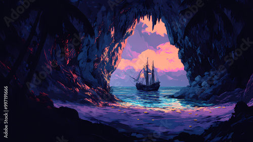 On the deserted island, a marooned sailor discovers a hidden cave filled with glittering pirate gold, generative ai. Glistening Cave. Illustration