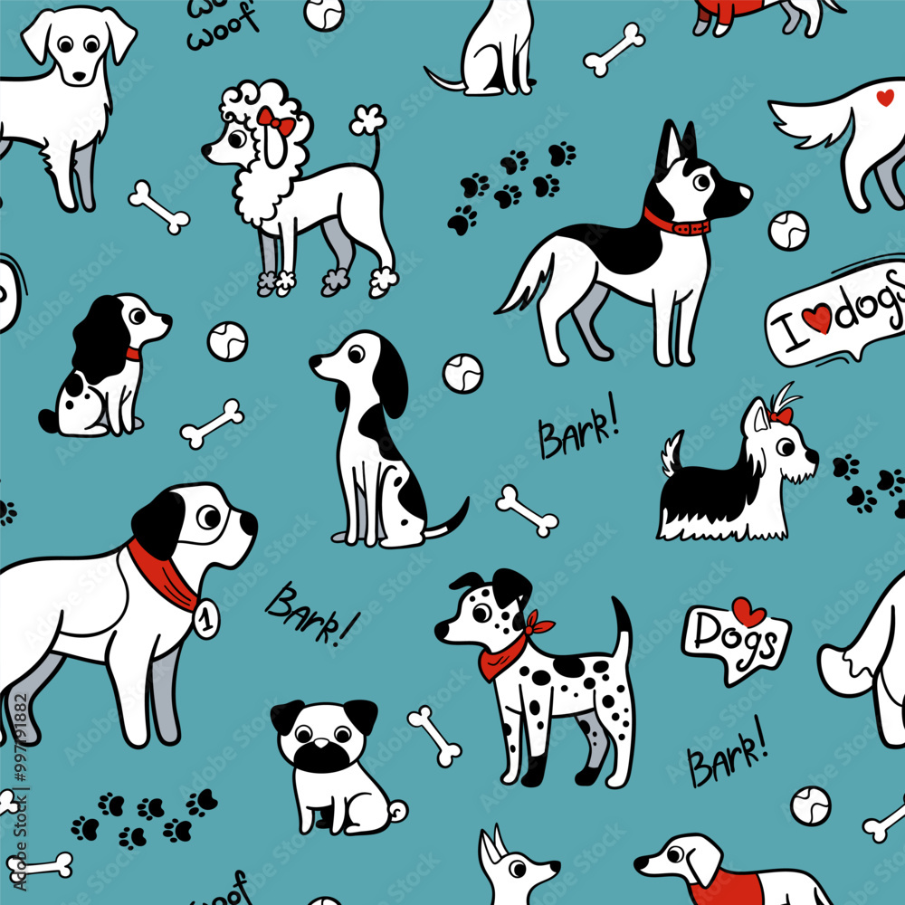 Kids dogs seamless pattern. Doodle background with white and black dogs of different breeds. Bones, paw prints and inscriptions woof and i love dogs Kids dogs seamless pattern. Doodle background with white and black dogs of different breeds. Bones, paw prints and inscriptions woof and i love dogs