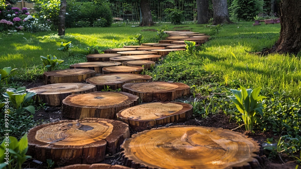 Garden Pathway Made from Tree Stump Slices Surrounded by Green Grass and Plants in a Backyard Garden Pathway Made from Tree Stump Slices Surrounded by Green Grass and Plants in a Backyard