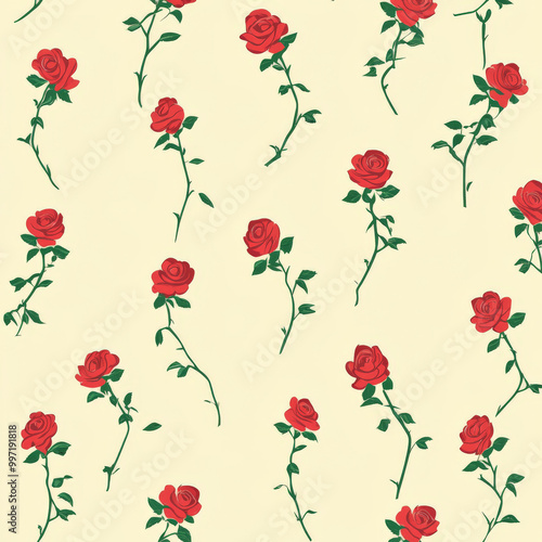 A repeating flat design pattern of small red roses with green stems and leaves, scattered on a pale yellow background, for a classic and timeless floral feel.