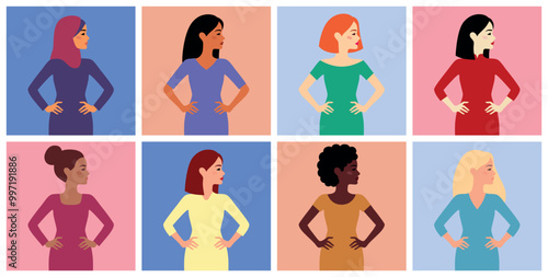 Women of different nationalities and cultures standing together. Women s friendship, union of feminists or sisterhood. The concept of the female s empowerment movement.