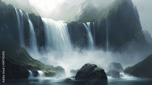 Overpowering waterfall: a towering waterfall, its powerful cascade engulfing massive boulders at its base, creating a mist that fills the air. Thundering Waterfall. Illustration photo