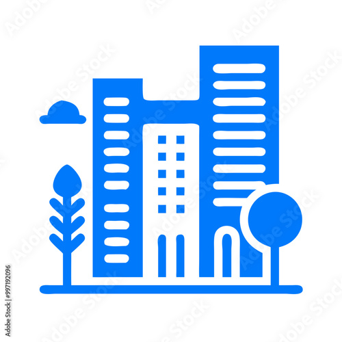 A blue cityscape with a tree in the foreground. The buildings are tall and the sky is cloudy