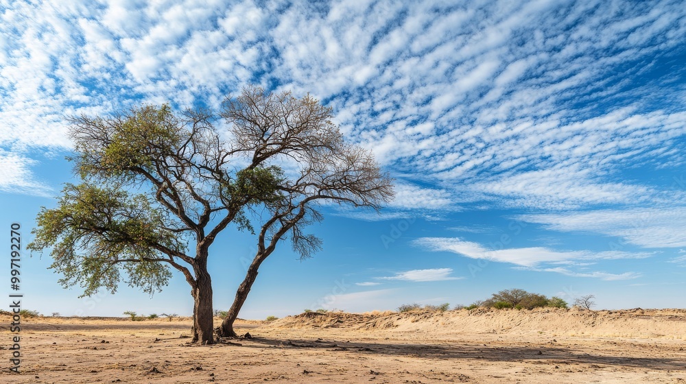 Desert trees tower over the barren sandy landscape, reaching toward an expansive blue sky filled with wispy clouds, creating a tranquil and serene atmosphere Desert trees tower over the barren sandy landscape, reaching toward an expansive blue sky filled with wispy clouds, creating a tranquil and serene atmosphere