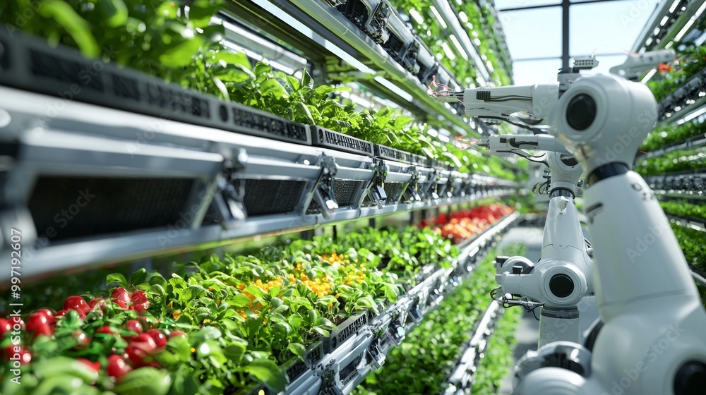 Futuristic Vertical Farming System with Robotic Crop Management in 3D Illustration Futuristic Vertical Farming System with Robotic Crop Management in 3D Illustration