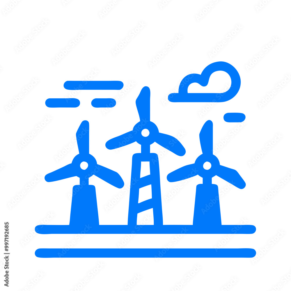 Three wind turbines are shown in the image, with one of them being taller than the others. The image has a blue and white color scheme, giving it a clean and modern look. Scene is one of progress Three wind turbines are shown in the image, with one of them being taller than the others. The image has a blue and white color scheme, giving it a clean and modern look. Scene is one of progress