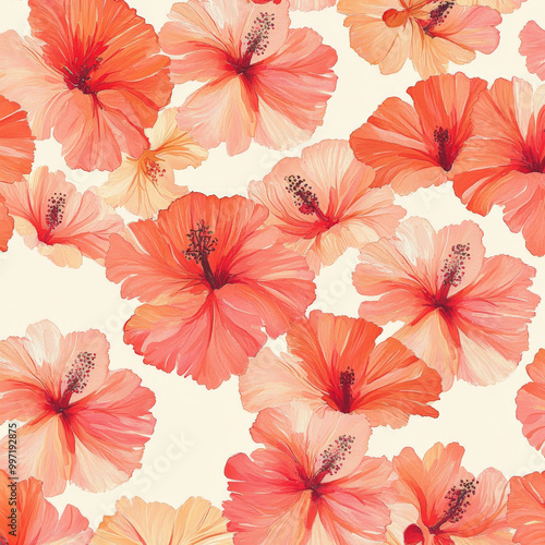 Wallpaper Mural Small flat hibiscus flowers in vibrant coral and pink hues, arranged in a repeating pattern on a soft cream background, creating a tropical and warm vibe. Torontodigital.ca