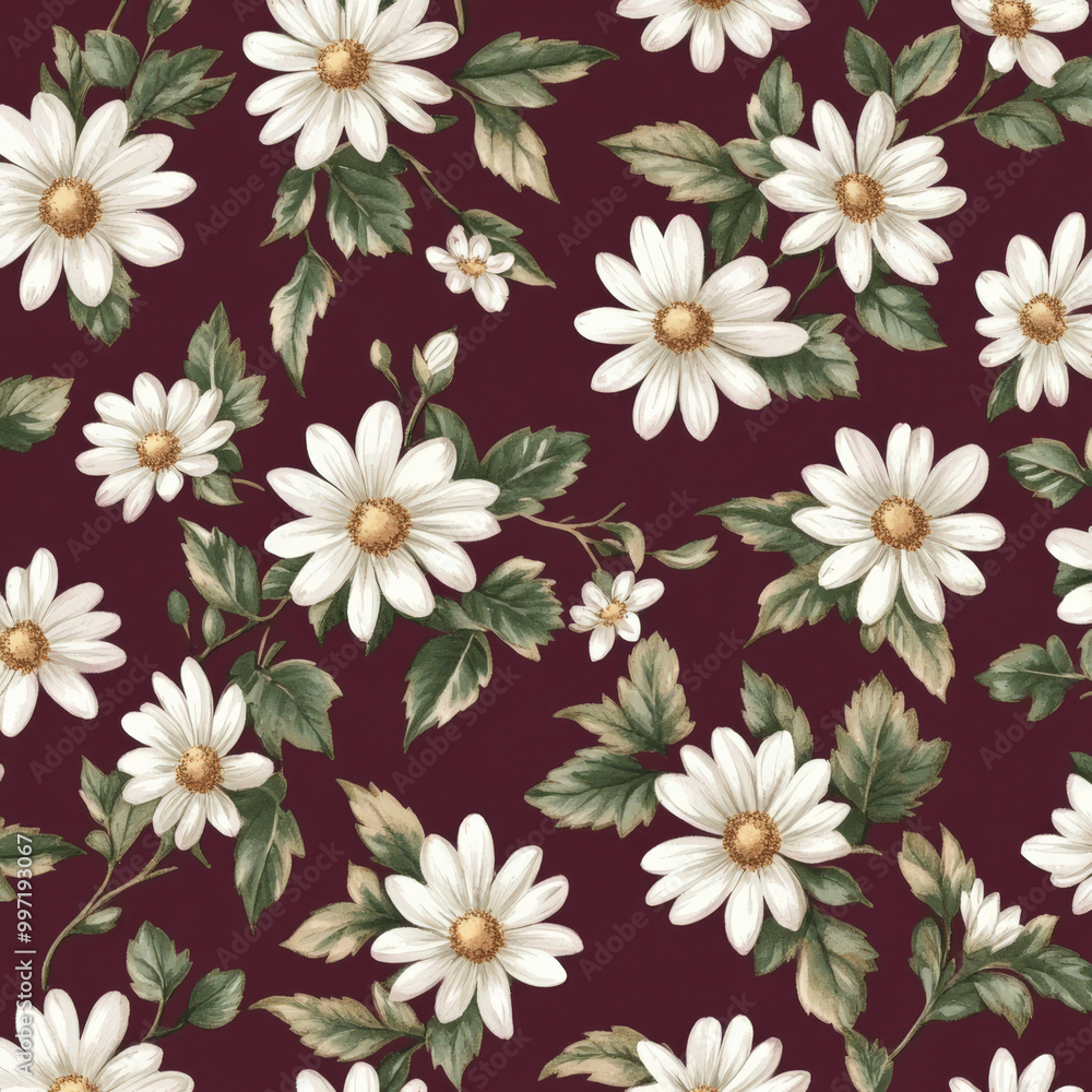 Small flat white daisies with green leaves, scattered across a deep burgundy background, creating a classic and elegant floral look. Small flat white daisies with green leaves, scattered across a deep burgundy background, creating a classic and elegant floral look.