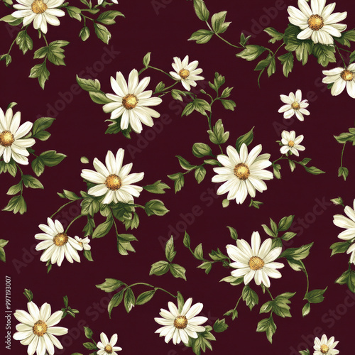 Small flat white daisies with green leaves, scattered across a deep burgundy background, creating a classic and elegant floral look.